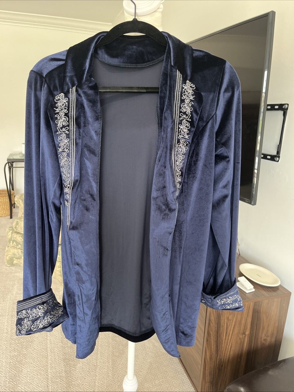 Women Navy Blue Velvet Embroidered Blazer Jacket Shimmer Slink Fitted Sz S